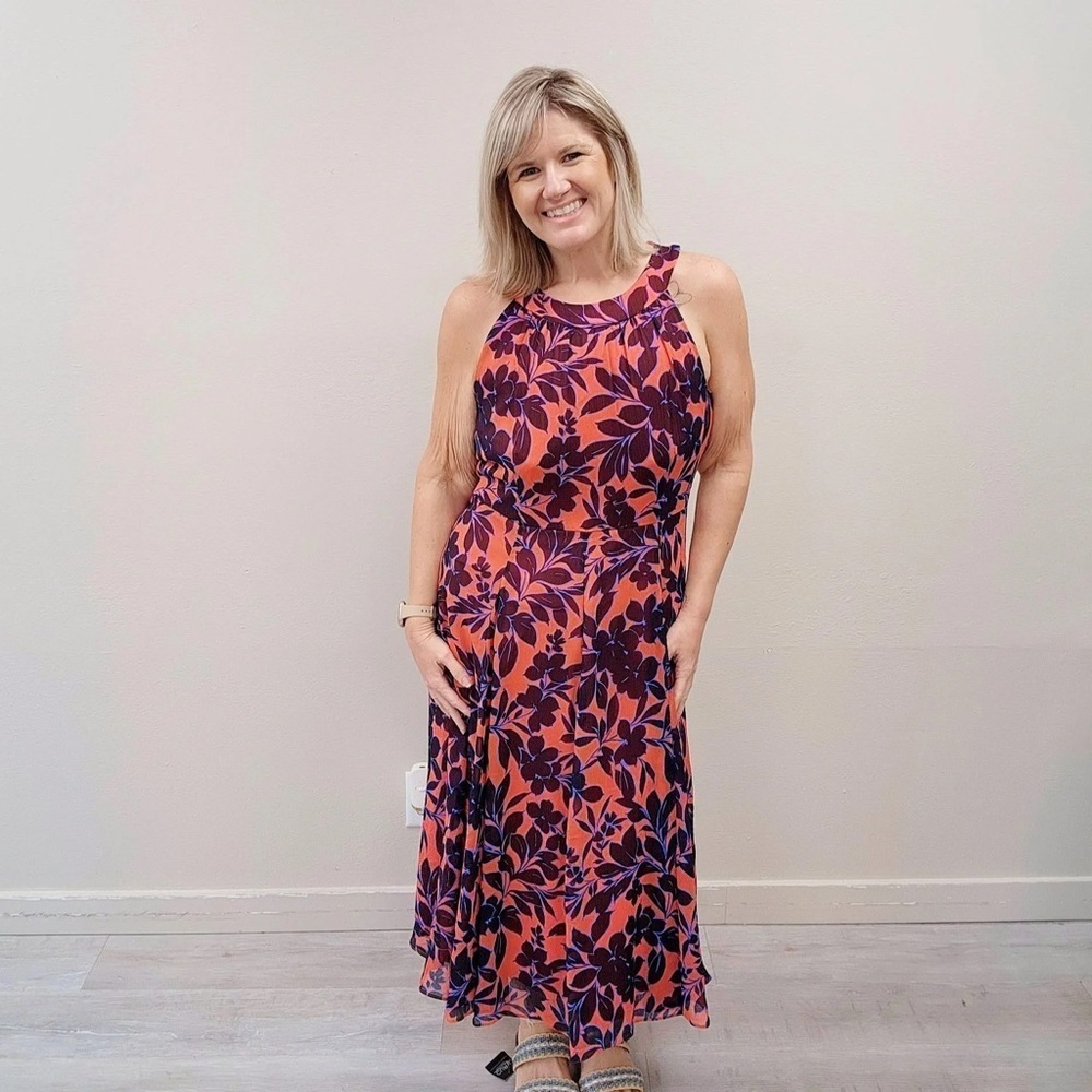 Tommy Hilfiger Navy Blue & Orange Floral Chiffon Halter Midi Dress - Size 12